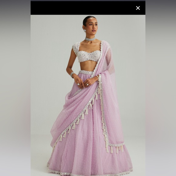 Vvani by Vani VatsLavender Organza Pearl & Mirror Embroidered Lehenga Set